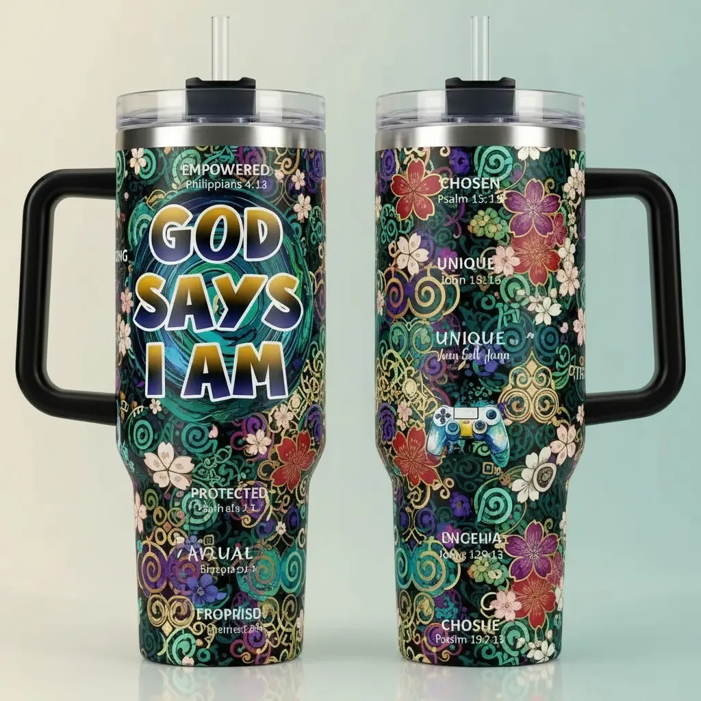 "EMPOWERED Christian Gamer 40oz Vacuum Insulated Stainless Steel Thermal Tumbler with Ergonomic Handle, Reusable Straw, and Secure Lid, Showcasing 'God Says I Am' with Inspiring Bible Verses such as Philippians 4:13, CHOSEN Psalm 15:1, and UNIQUE Joh