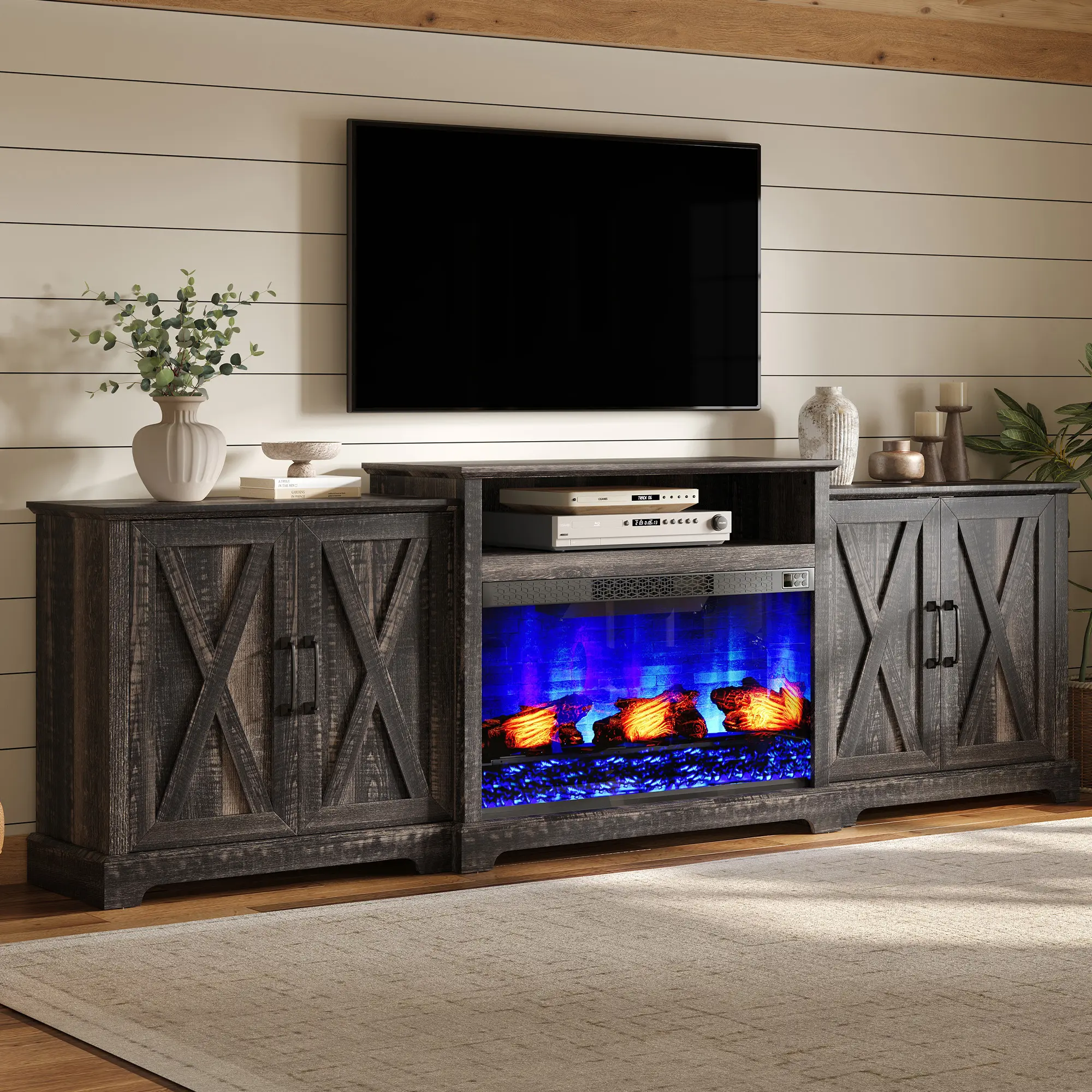[Ships in Multiple Boxes] VanAcc 70"/ 97" Large Fireplace TV Stand, Farmhouse Entertainment Center with 33" Electric Fireplace, Media Console with Storage Cabinets & Adjustable Shelf