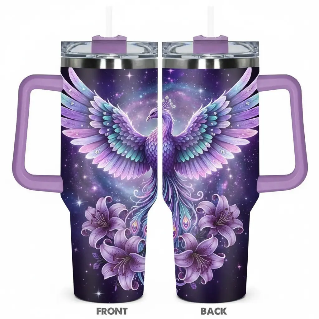 40 oz Stainless Steel Vacuum Insulated Tumbler with Handle, Straw and Lid - Featuring a Magical Purple Phoenix and Lily Design on a Starry Galaxy Background, Large-Capacity Eco-Friendly Reusable Water Bottle Flask, Perfect Travel Mug Gift for Women