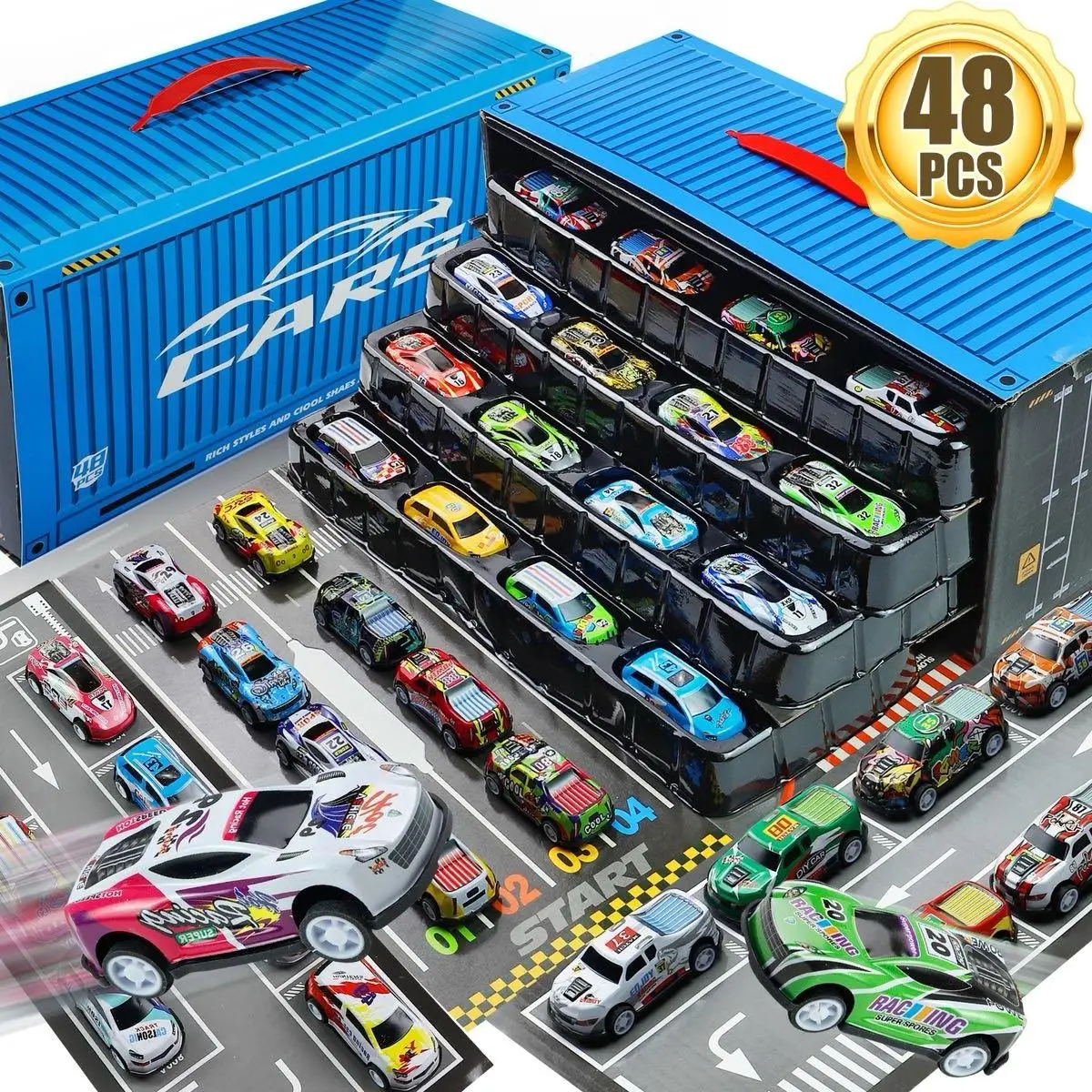 48-Piece Pull-Back Car Toy Set with Storage Box – Race Car Collection for Boys and Girls – Fun Toy Cars for Kids