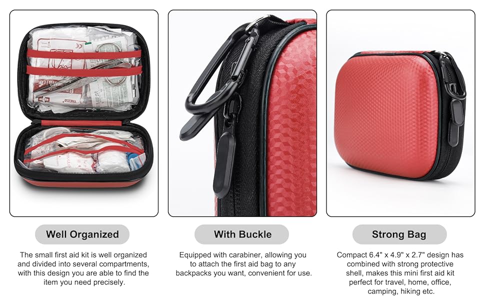 Mini First Aid Kit - 150 Piece Small Waterproof Hard Shell Medicait for Home, Car, Travel, Camping, Truck, Hiking, Sports, Office, Vehicle & Outdoor Emergencies- Small First Aid Medicait (Red)