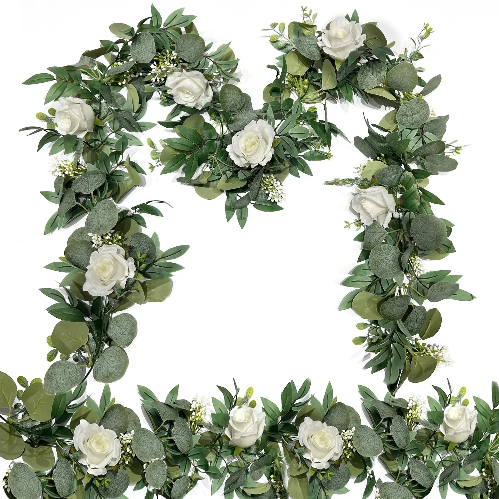 2 Pack Total 13Ft Eucalyptus and Rose Garland, Faux Floral Garland Plastic Flower Vine for Home Decor Wedding Table Decoration for Various Room Types, Plastic Floral Vine, Ideal for Party Tables Indoor Wall Backdrops, Artificial Eucalyptus Garland
