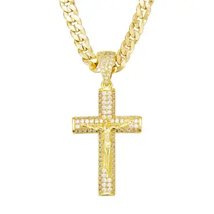 14k Real Gold-Plated Cuban, Figaro, Miami Cross with Jesus Christ Crucifix, 24 inches Long and 6mm Wide, Handcrafted Polishing and Multiple Electroplating Daily Wear Necklace