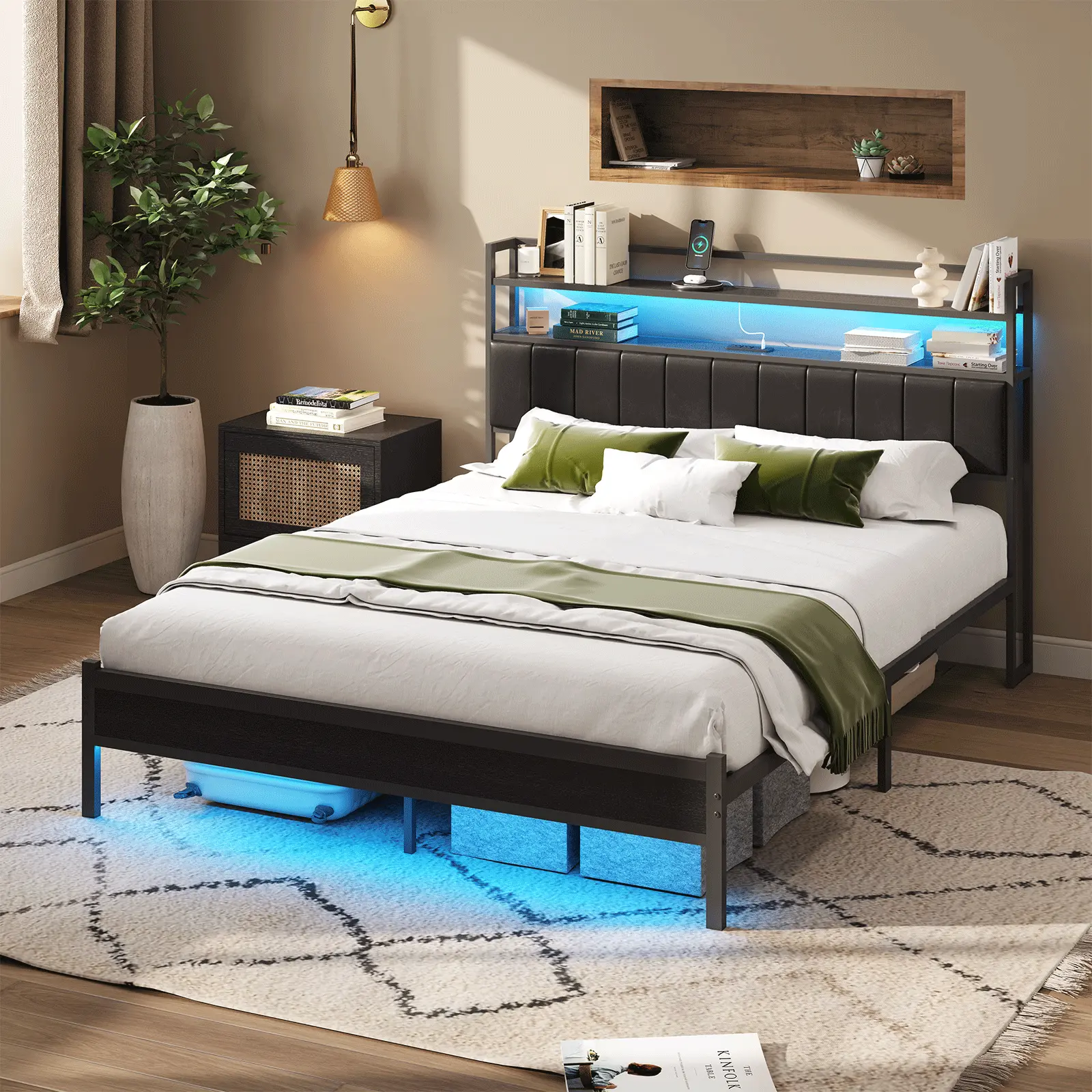 Full Size Bed Frame Upholstered Bed Frame With LED Headboard Storage Shelf Bed Frame Heavy Duty Slat Bed Frame No Box Spring Required Bed Frame For Apartment homemakeover