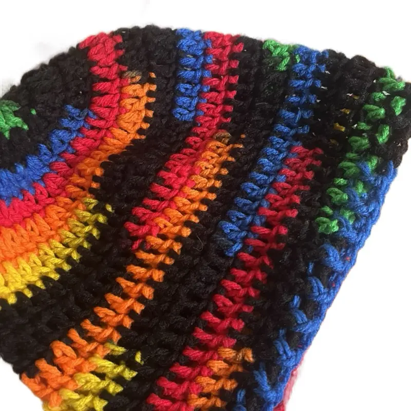 Stretchable One Size Crochet Beanie in Vibrant Rainbow Stripes for All Ages
