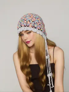 Women's Cute Floral Embroidery Tassel Decor Beanie Hat, Fashionable Hollow Out Design Beanie Hat for Daily Wear, Casual Trendy Accessories for Women & Girls