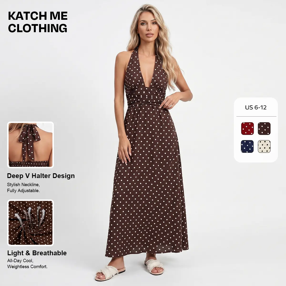 Katch Me Clothing Women's Vibrant Polka Dot Deep V-Halter Neck Body-Friendly Casual Dress, Summer Cinched Waist Maxi Dress, Breathable Non-Shrinking Multipurpose Daily Beach Vacation Outfit, Body-Friendly Casual Dresses