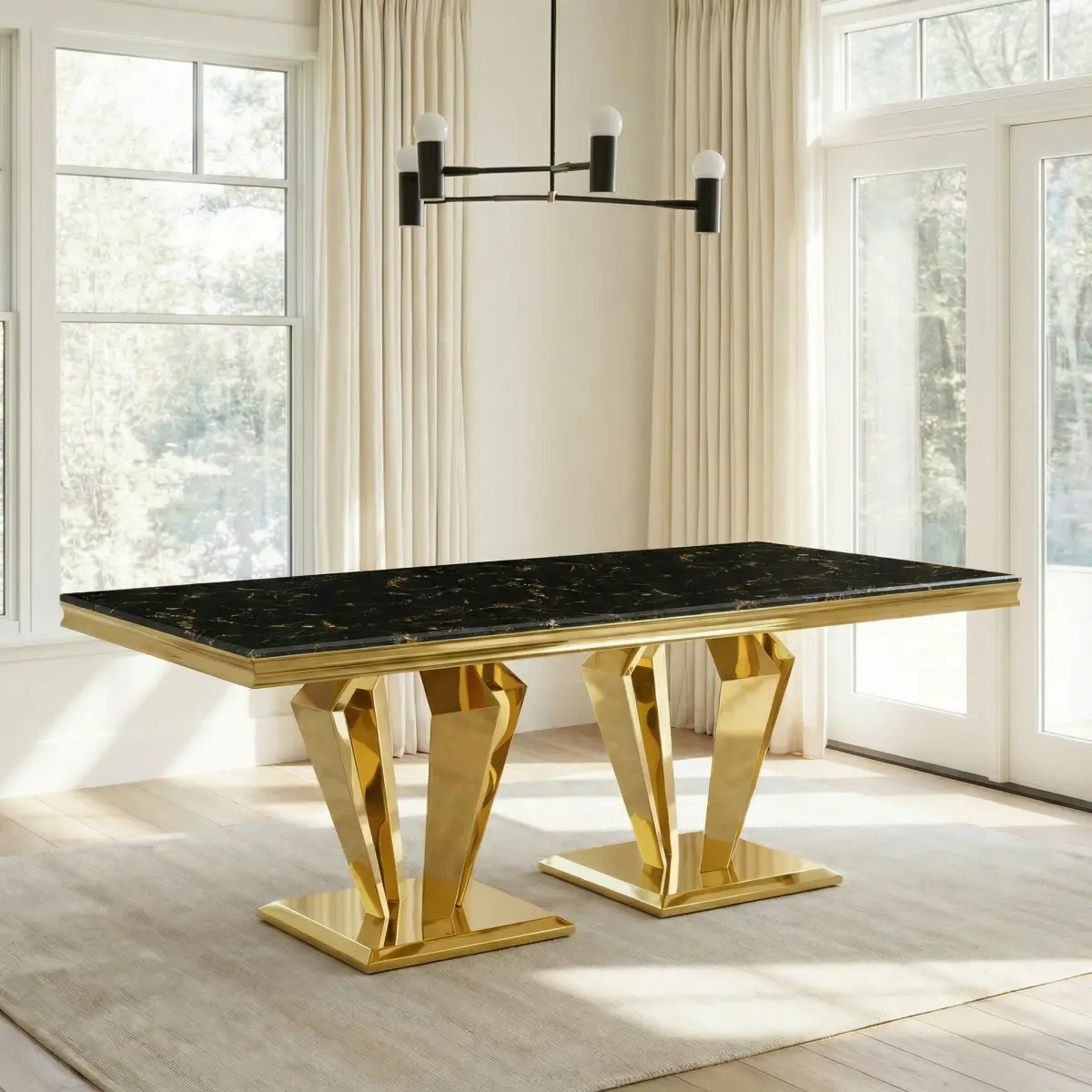 Modern Large Long Dining Room Table - 0.78" Thick Black Gold MDF Marble Top, 66.9" Polished Stainless Steel Diamond-Shaped Base, Modern Furniture, Indoor Dining Furniture, Shipping Tools