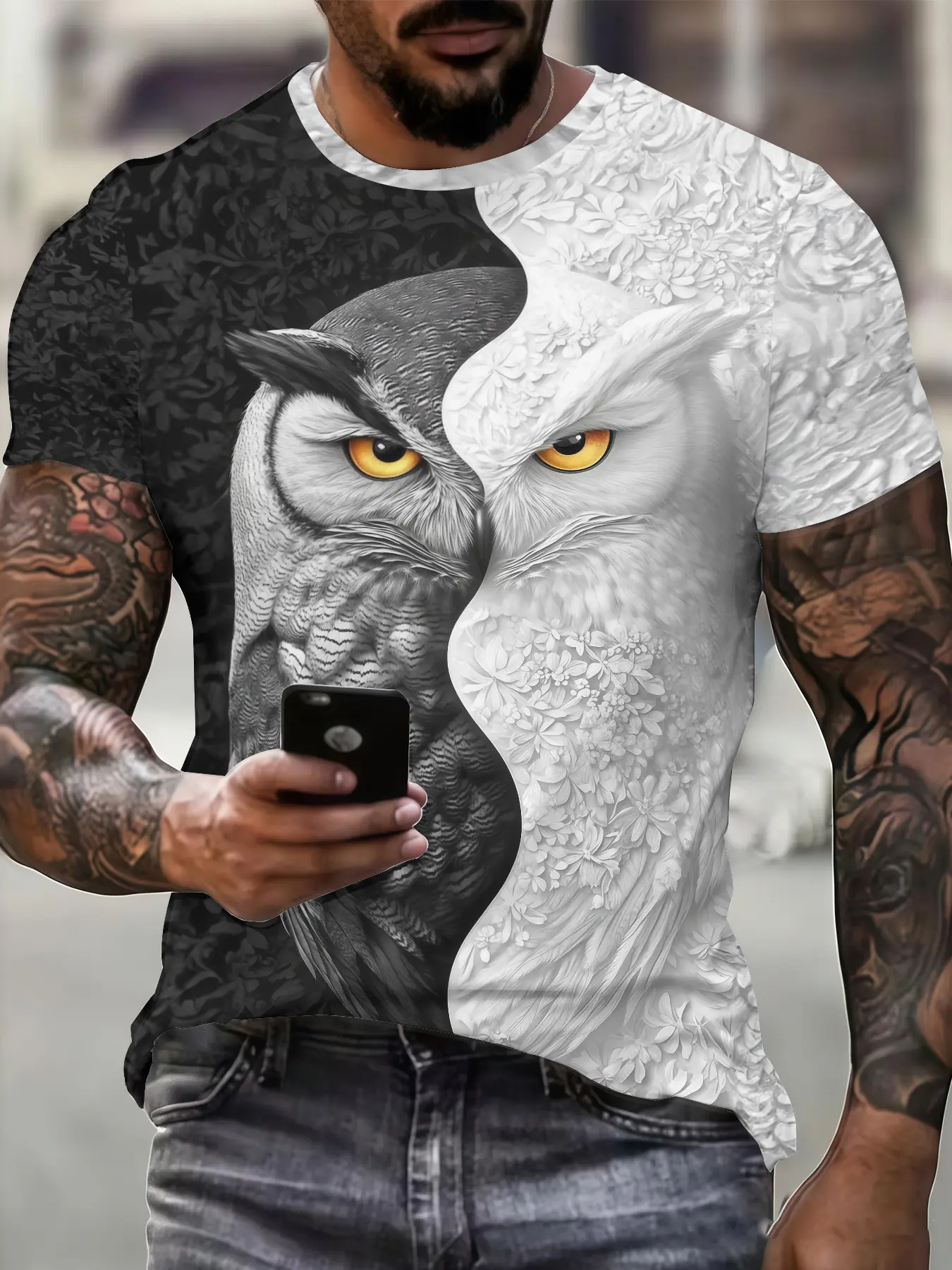 3D Summer New Black And White Owl Pattern Short-Sleeve Digital Print Design T-Shirt Elements Trendy Men'S Casual Fashion Top