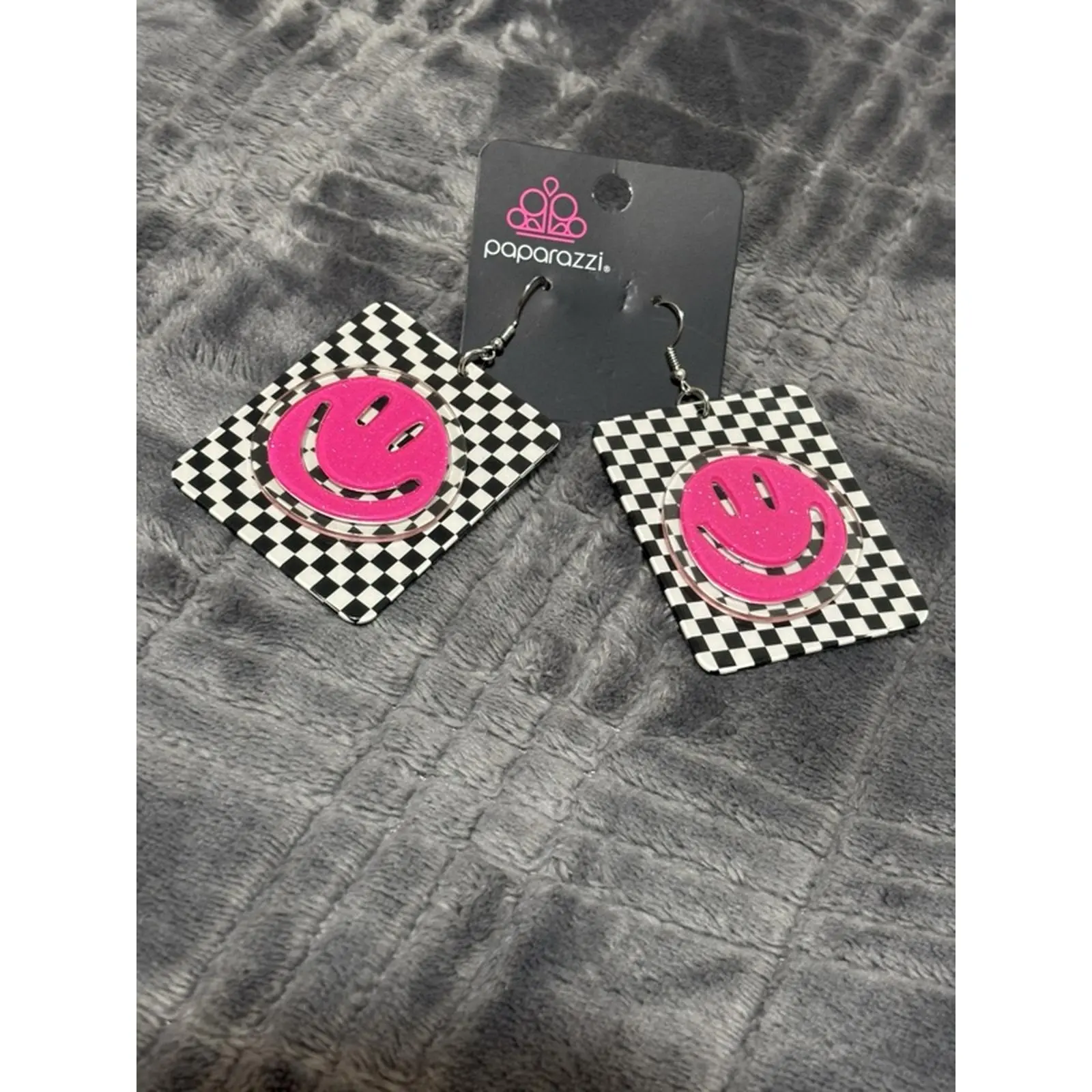 Paparazzi Cheeky Checkerboard Pink Earring with Smiley Face Design for Women's Fashion Accessories