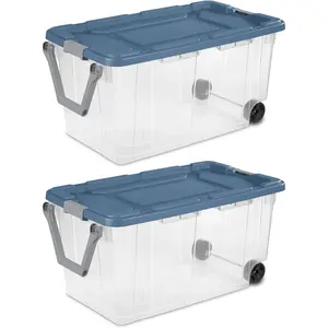 160 Quart Durable Clear Storage Container with Latching Lid and Pull Handle, Blue, 2 Pack