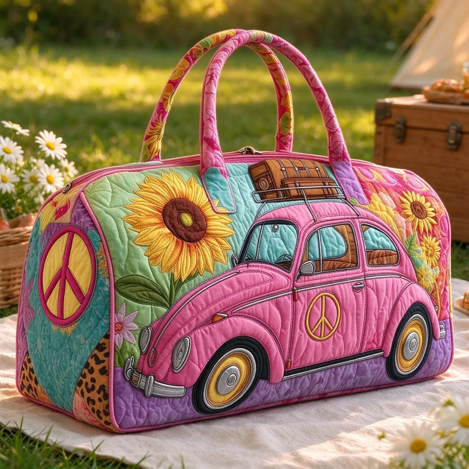 Vintage Style Pink Classic Beetle Weekender Bag, 22 Inch Colorful Quilted Duffle Bag with Sunflower Peace Sign and Leopard Accents, Stylish Lightweight Carry On Travel Bag for Women, Perfect for Short Trips & Gym