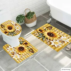 Sunflower Lily Butterfly Bathroom Mat Set, Flannel Non-Slip Bath Rug, U-Shaped Toilet Pad, Thick Soft Absorbent, Memory Foam