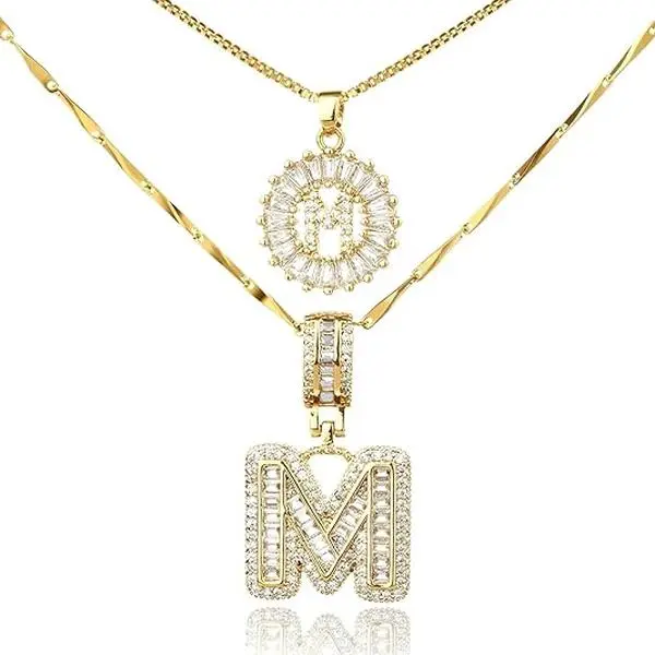 2-Pack Initial Letter Pendant Necklaces, 14K Gold Plated, Adjustable, Zircon Pendant, Mother's Day Gift, Valentine's Day Gift, Perfect for Best Friends & Daily Layering cubic zirconia pendantcubic zirconia pendant