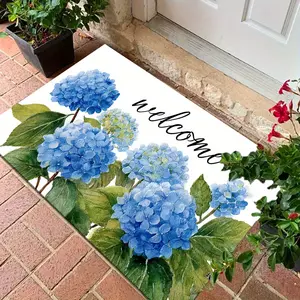 2D Flat Blue Hydrangea Welcome Doormat Luxury Soft Slipt Machine Washable Country Style Entryway Mat for Halloween Christmas Home Decor Hallway Bathroom Kitchen Corridor