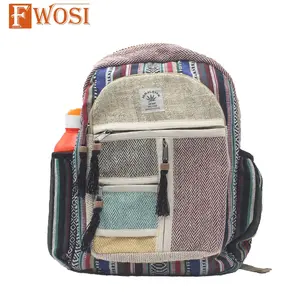 Fwosi Vegan Hemp Hippie Backpack with Colorful Stripes, Multiple Compartments, and Adjustable Straps