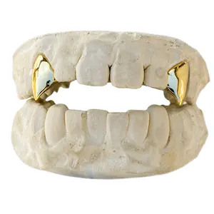 14K Gold Plated 2pc Single Fangs Grillz Set