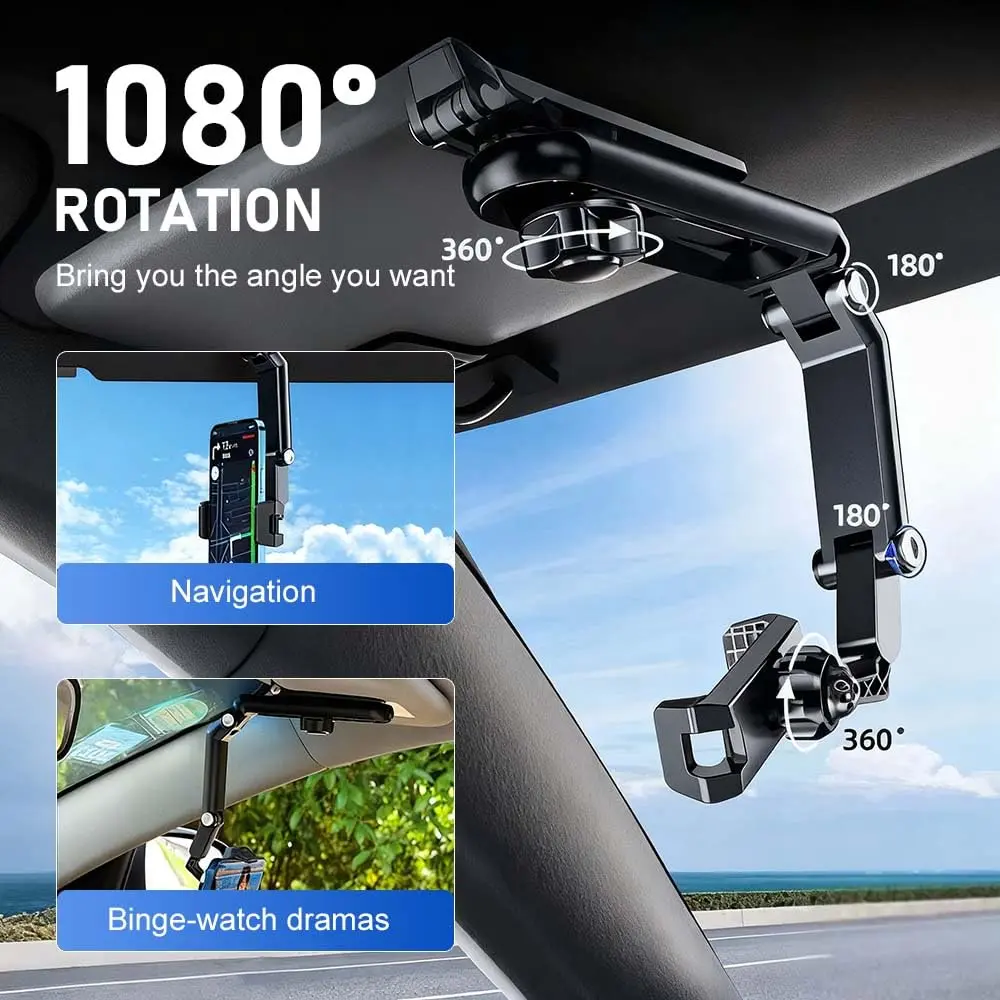 【B2】2026 New Upgrade 1080° Multi-Function Sun Visor Cell Phone Mount, Universal 360° Rotating Retractable Smartphone Holder for Drivers, Car Interior Cars Accessories