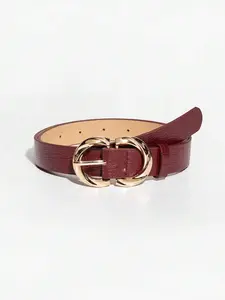 1pc Women's Luxury Vintage Metal Buckle Burgundy Crocodile Grain Leather Belt, Suitable For Daily Wear Fall, Autumn, Halloween