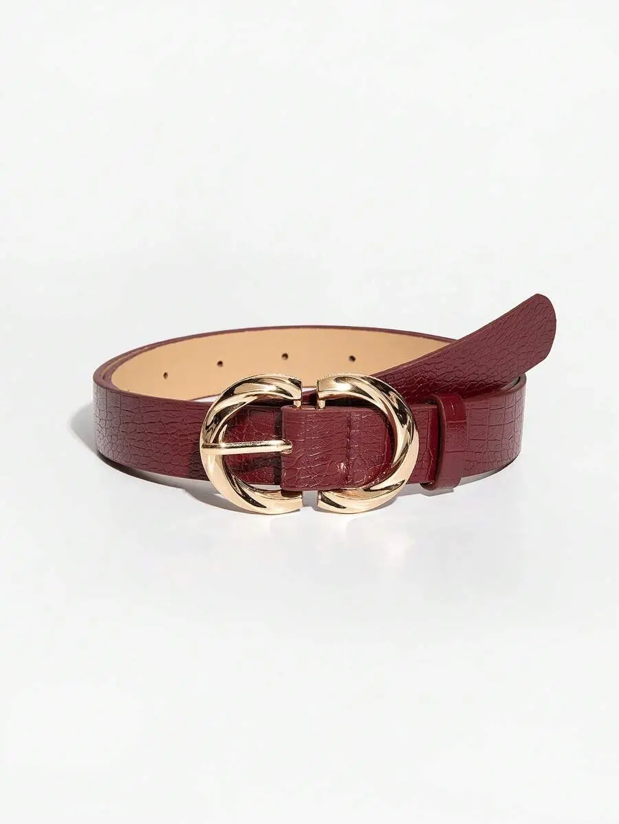 1pc Women's Luxury Vintage Metal Buckle Burgundy Crocodile Grain Leather Belt, Suitable For Daily Wear Fall, Autumn, Halloween