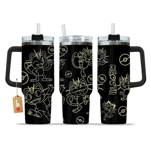 STORMMECH-Meowth 40oz Handle Tumbler – PKM Stainless Steel Travel Mug, Anime Inspired Vacuum Insulated Cup, Large Iced Coffee Tumbler, Manga Fighter Drinkware, Otaku Gift for Him Her
