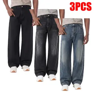 3 Pack men's washed vintage straight-cut jeans, casual straight-cut pants suitable for all seasons, perfect for daily street wear