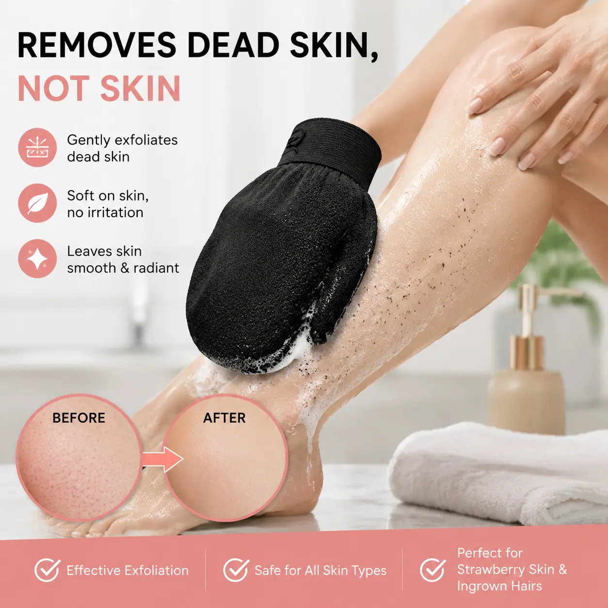 Deep Exfoliating Bath Gloves (2-Count Box) - Targets Strawberry Legs, Ingrown Hairs - Removes Dead Skin, Promotes Smooth Even Skin Tone - Beauty & Personal Care Bathing Accessory