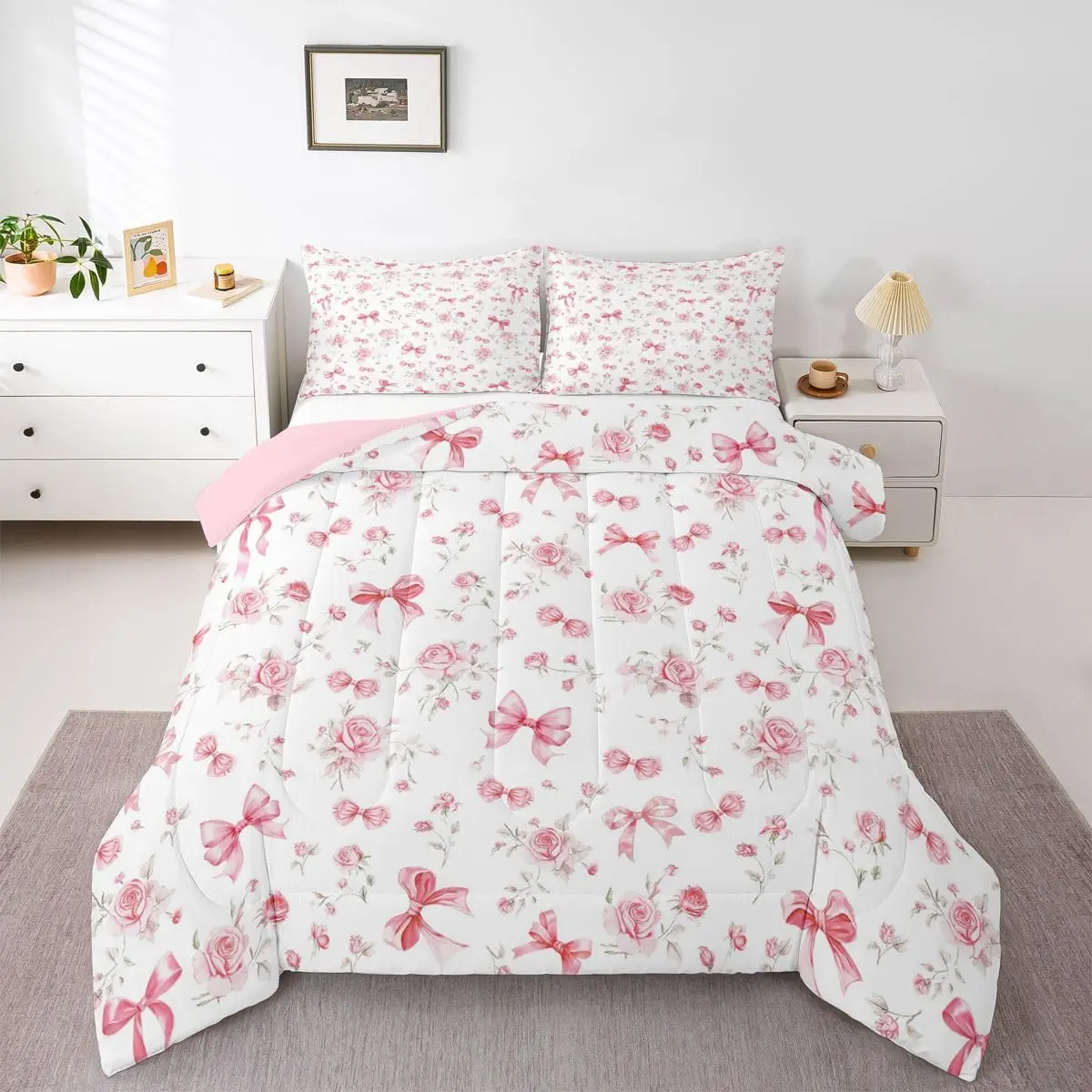Pink Rose Comforter Set Bow Flower Print Bedding Set Pink Bow Duvet Quilt Kawaii Bowknot Bedroom Decor Microfiber 1