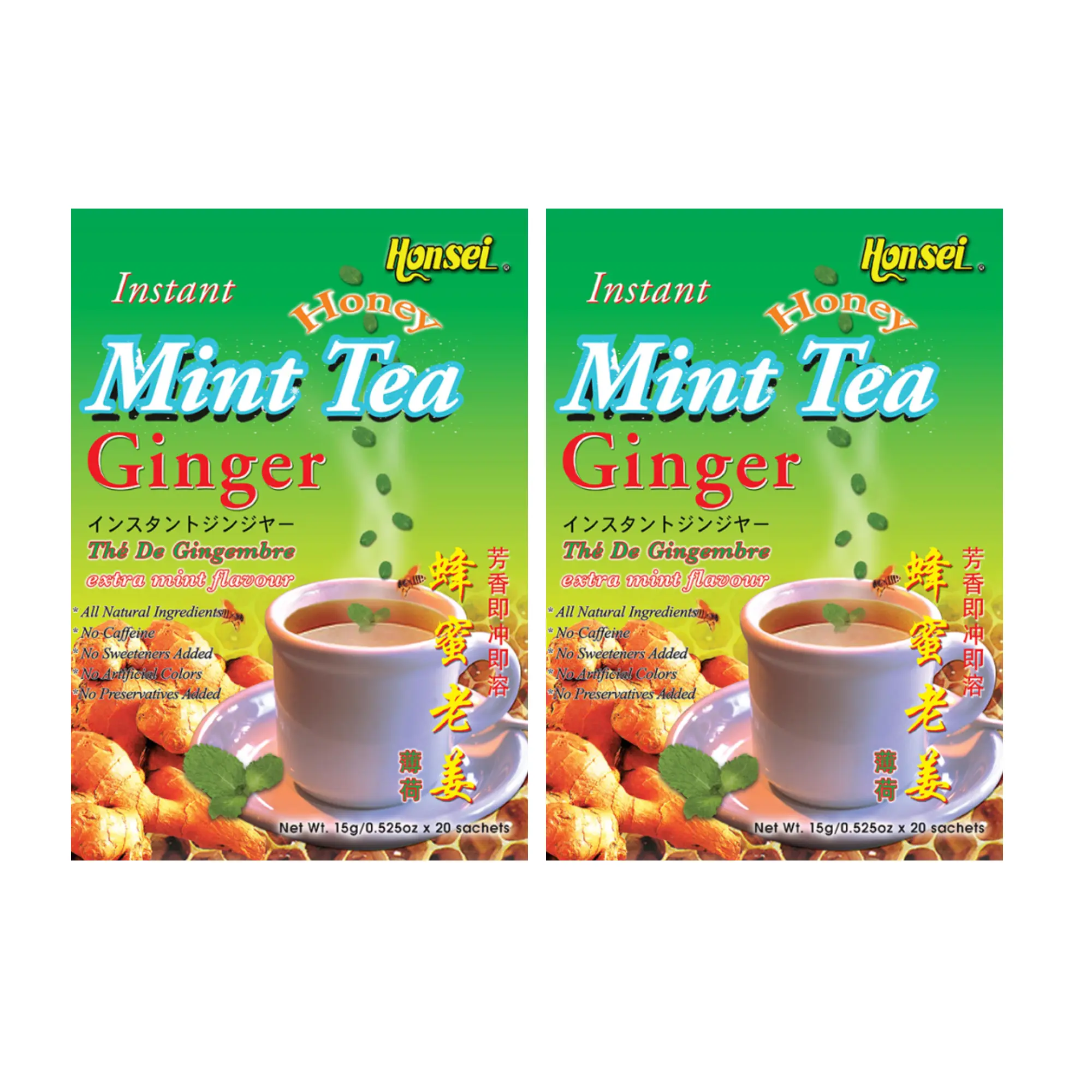 Honsei Instant Ginger Honey Mint Tea, 15g/0.52 oz.20 Sachets Per Box - 2 PACK