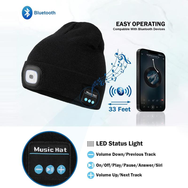 LED Hat Bluetooth Lighted Beanie,Unisex USB Rechargeable 6 LED Headlamp,Musical Knit Hat with Headphones and Built-in Speaker Mic,Unique Christmas Birthday Gifts for Men Him Husband Teen