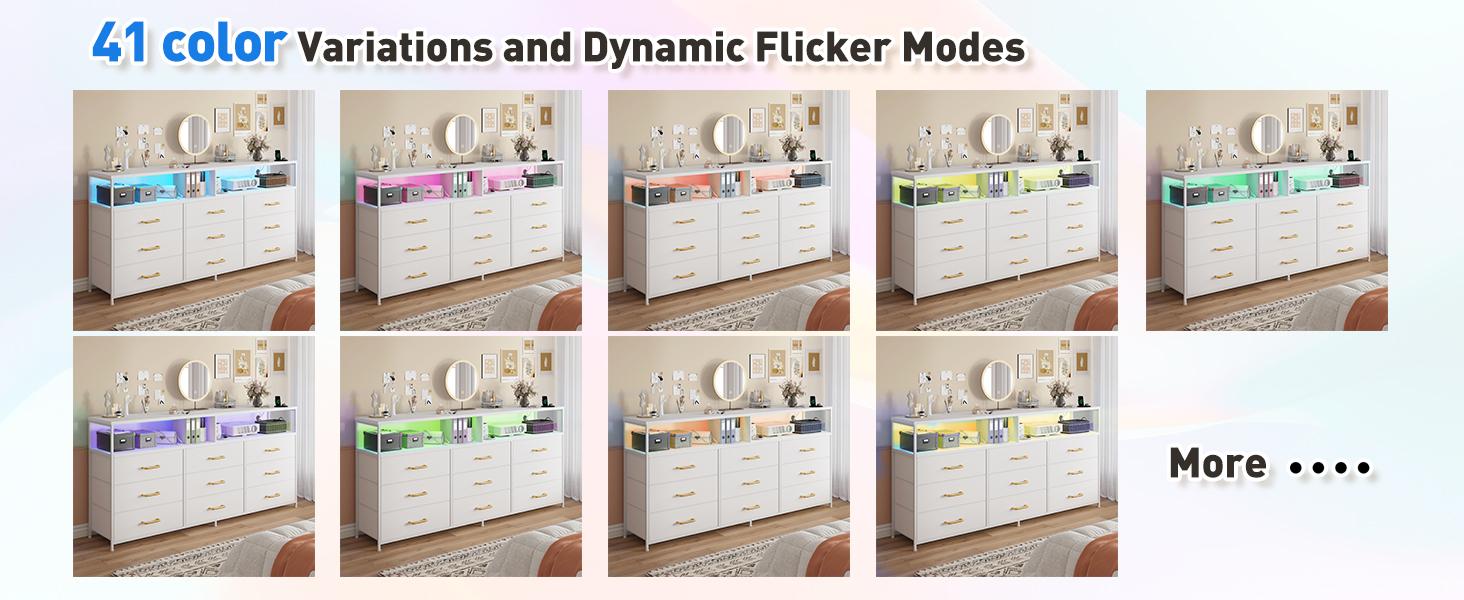 Raybee 55" Modern Dresser with 9 Fabric Drawers & LED Light,65 inch TV Stand with Built-in Power Outlet, Multifunctional Vanity Console & Entertainment Center for Living Room, Bedroom, Apartment, Smart Storage Organizer, Luxury Housewarming Gift for Women