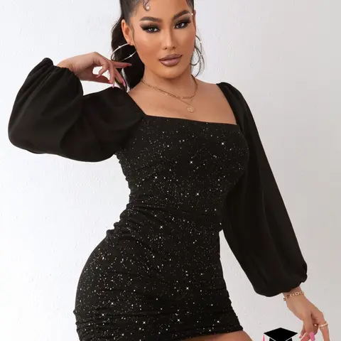 Women's Glitter Sequin Ruched Drawstring Bodycon Dress, Elegant Lantern Sleeve Square Neck Mini Dress for Party Formal Club Dating Evening Event Clothing Wear, Ladies Spring & Fall Clothes, Womenswear