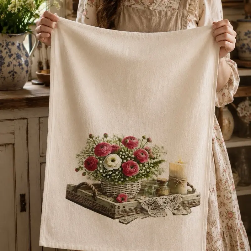 Romantic Rose Basket Cotton Tea Towel – Vintage Floral Farmhouse Kitchen Towel