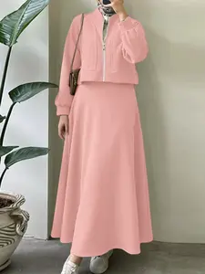 Women's Casual Solid Color Set, Stand Collar Long Sleeve Zipper Cardigan and High Waist Skirt, Perfect for Daily Commuting, Womenswear