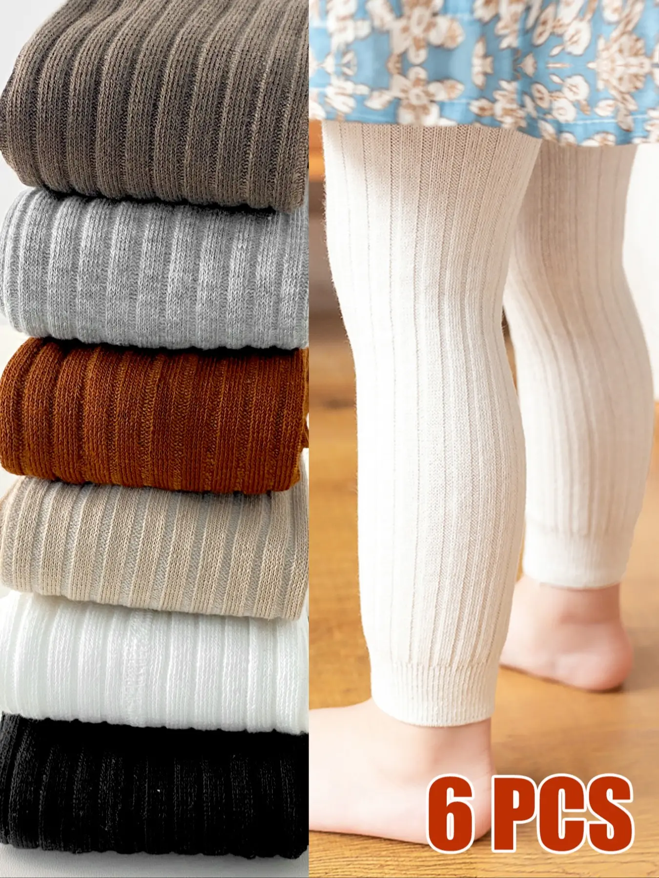 Solid Color Casual Knitted Leggings, Dancewear Fit Footed Pants, All-Season Wear with Ribbed Details, 6 Piece Set