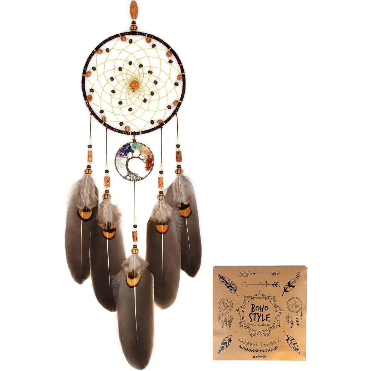Tree of Life Dream Catchers for Bedroom Adult Brown Boho Dream Catcher Wall Decor for Girls Chakra Crystal Healing Stones Hanging Ornament Room Decoration 18" Length(NO.12)
