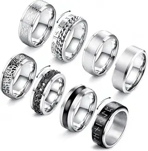 8 Pcs Stainless Steel Rings for Men – High Polished Mens Band, Wedding Engagement Fidget Rings, Vintage Spinning Rings – Size 10 – Durable, Hypoallergenic, Tarnish Resistant – Great for Daily Wear, Gift for Husband, Boyfriend, or Groomsmen