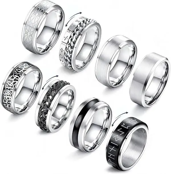 8 Pcs Stainless Steel Rings for Men – High Polished Mens Band, Wedding Engagement Fidget Rings, Vintage Spinning Rings – Size 10 – Durable, Hypoallergenic, Tarnish Resistant – Great for Daily Wear, Gift for Husband, Boyfriend, or Groomsmen