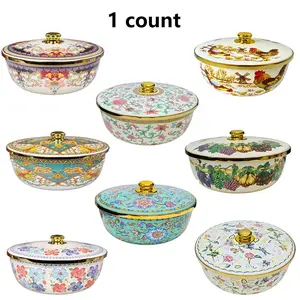 Vintage Flower Pattern Enamel Basin with Lid, 1 Count Large Capacity Dough Resting and Rising Basin, Household Soup Pot for Home Kitchen