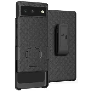 Case with Clip for Google Pixel 6, Nakedcellphone Slim Hard Shell Phone Cover with Kickstand and [Rotating/Ratchet] Belt Hip Holster Combination - Black Tread