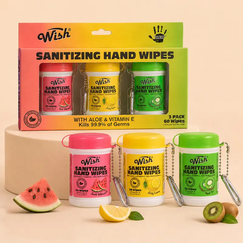 Wish Antibacterial Sanitizing Hand Wipes, Travel Size On-the-Go Everyday Use Daily Gift Canister 3-Pack Boxed Set - 60 Total (20ct Each), 3 Fruity Blend Scents (Lemon, Watermelon, Kiwi), Gentle Care