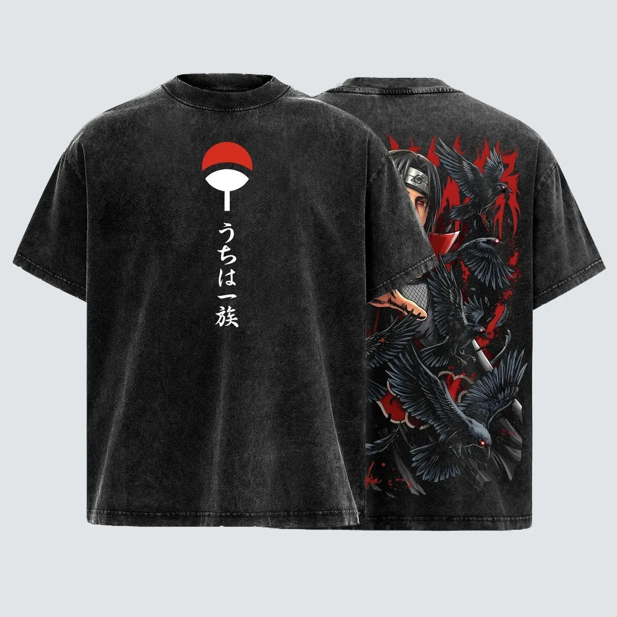 1tachi Uch1h4 Slayer Red Eye Clan Crow Illusion Shinobi Anime Vintage Washed Oversized Graphic Tee Dark Ninja Streetwear Shirt