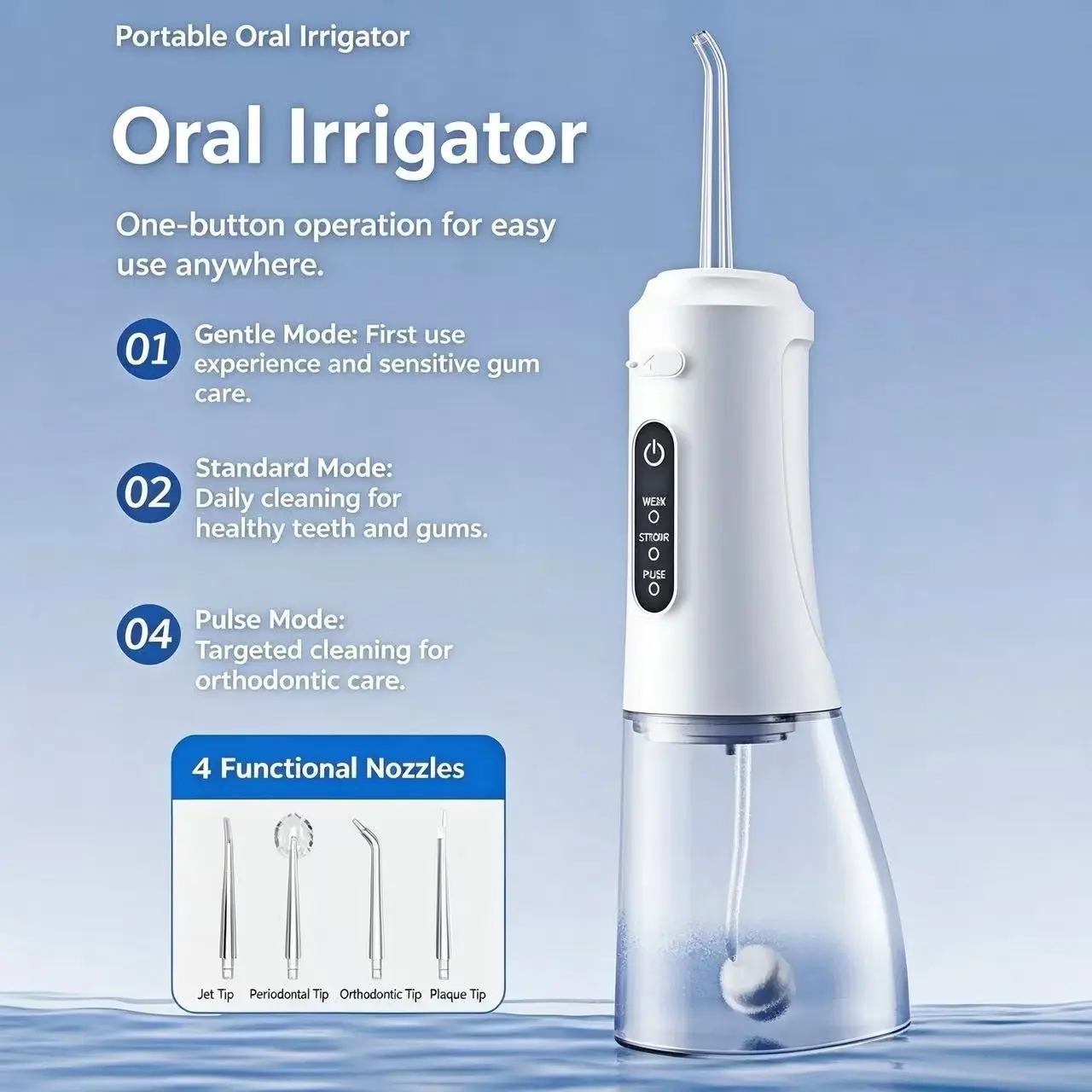 Cordless Portable Oral Irrigator Water Flosser - 3 Modes (Gentle/Standard/Pulse), 4 Nozzles, 1-Button Operation for Braces, Sensitive Gums & Daily Use, Dental Pick for Home & Travel