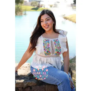 Serenidad Mexican Top Cream Embroidered Design with Floral Elements, Medium Fit, Casual Style for Women