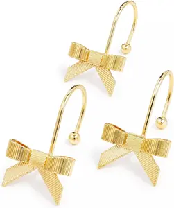 Gold & Black Bow Curtain Hooks - 12 Decorative Shower Rings for Bathroom Decor - Rust-Proof Iron Material - Stylish & Durable Hook-On Hooks for Elegant Home Decor organizador  dellaves ceiling hook clothes bag clover  hooks