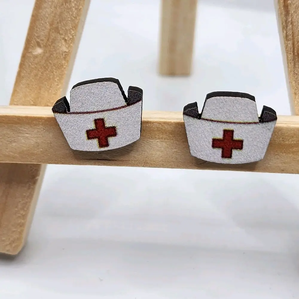 Wooden Nurse Hat Stud Earrings - Grey Wooden Design with Red Cross, Simple Elegant Style, Thoughtful Gift for Nurses, Note: No Choking Hazard from Small Ball, Healthcare Workers