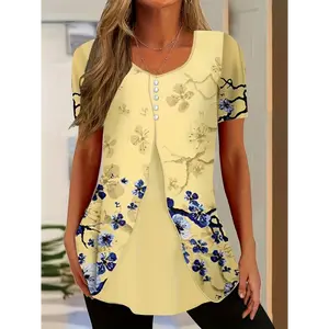 Women's Summer Floral Print Layered V-Neck T-Shirt with Button Detail - Casual Short Sleeve Top in Yellow Blue and White Flowers, Polyester Blend, Machine Washable, Ladies T Shirts