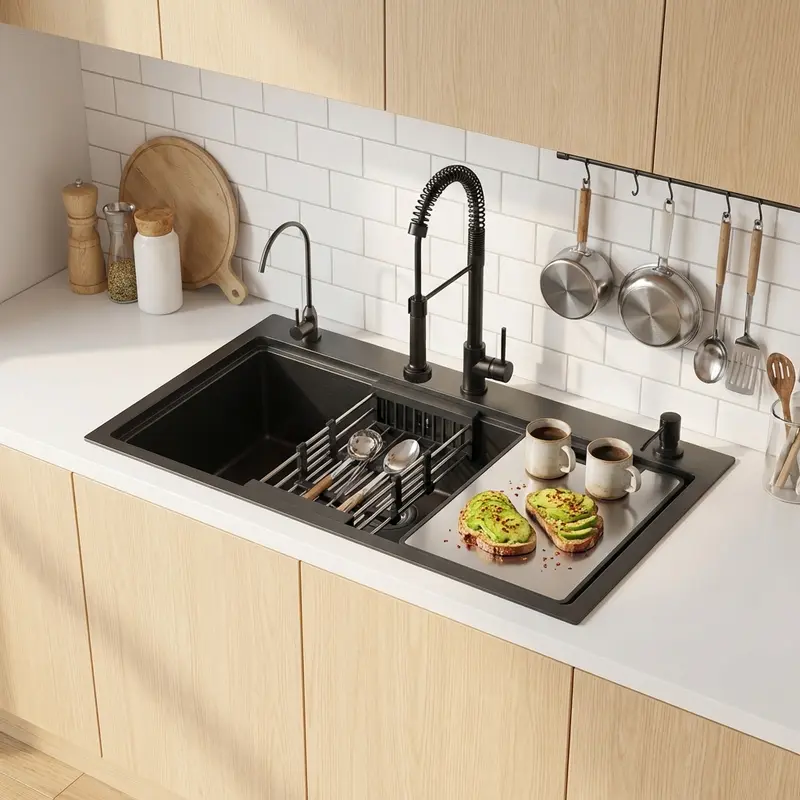 33 Inch Black Drop In Waterfall Kitchen Sink Workstation -SORXO 33x22 Drop In Kitchen Sink 33 Inch Black Drop In Waterfall Kitchen Sink Workstation -SORXO 33x22 Drop In Kitchen Sink