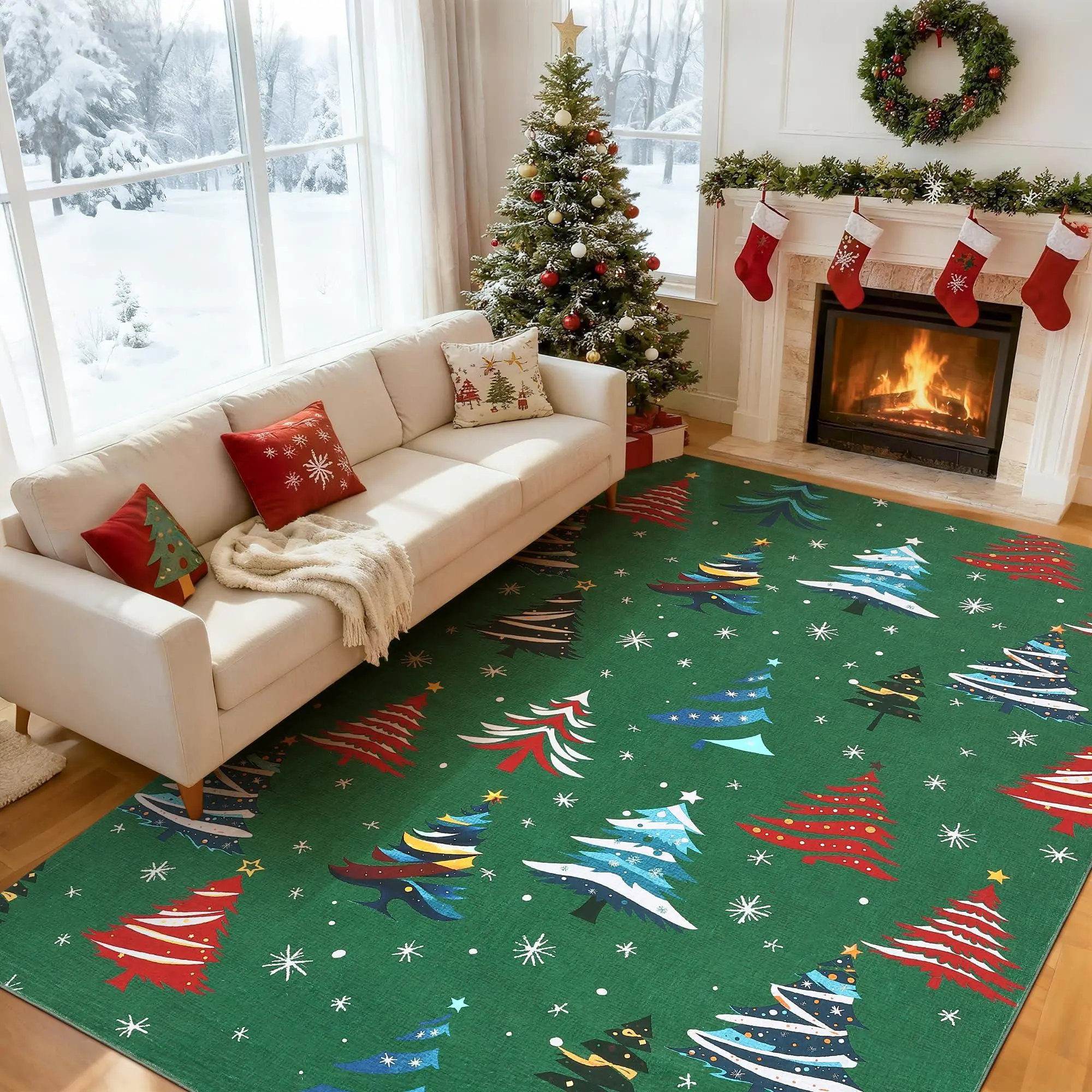 Green 9x12 Washable Rug for Home Decor,Indoor Non Slip Carpet,Soft Low Pile Christmas Rugs with Xmas Tree Motif for Entryway,Living Room,Bedroom