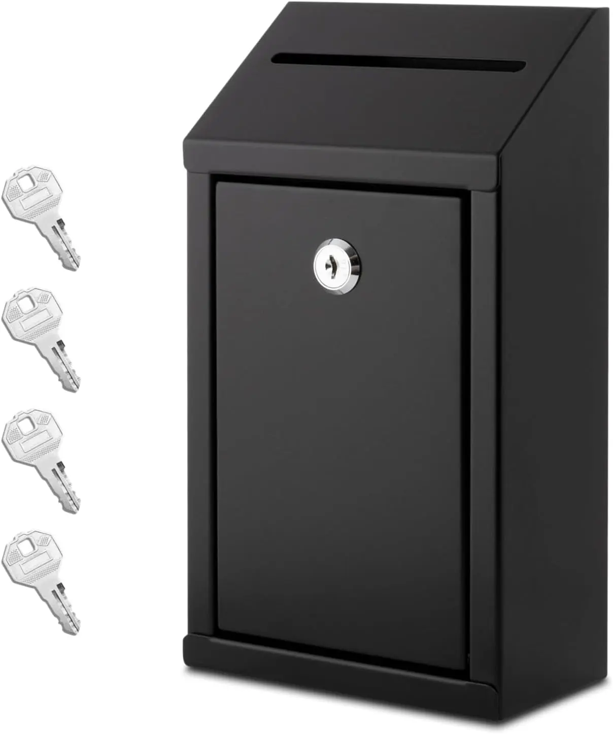 Metal Donation Box with Lock, Wall Mounted, Suggestion Box with 4 Iron , Black,  Drop Box with Slot, 1-Pack